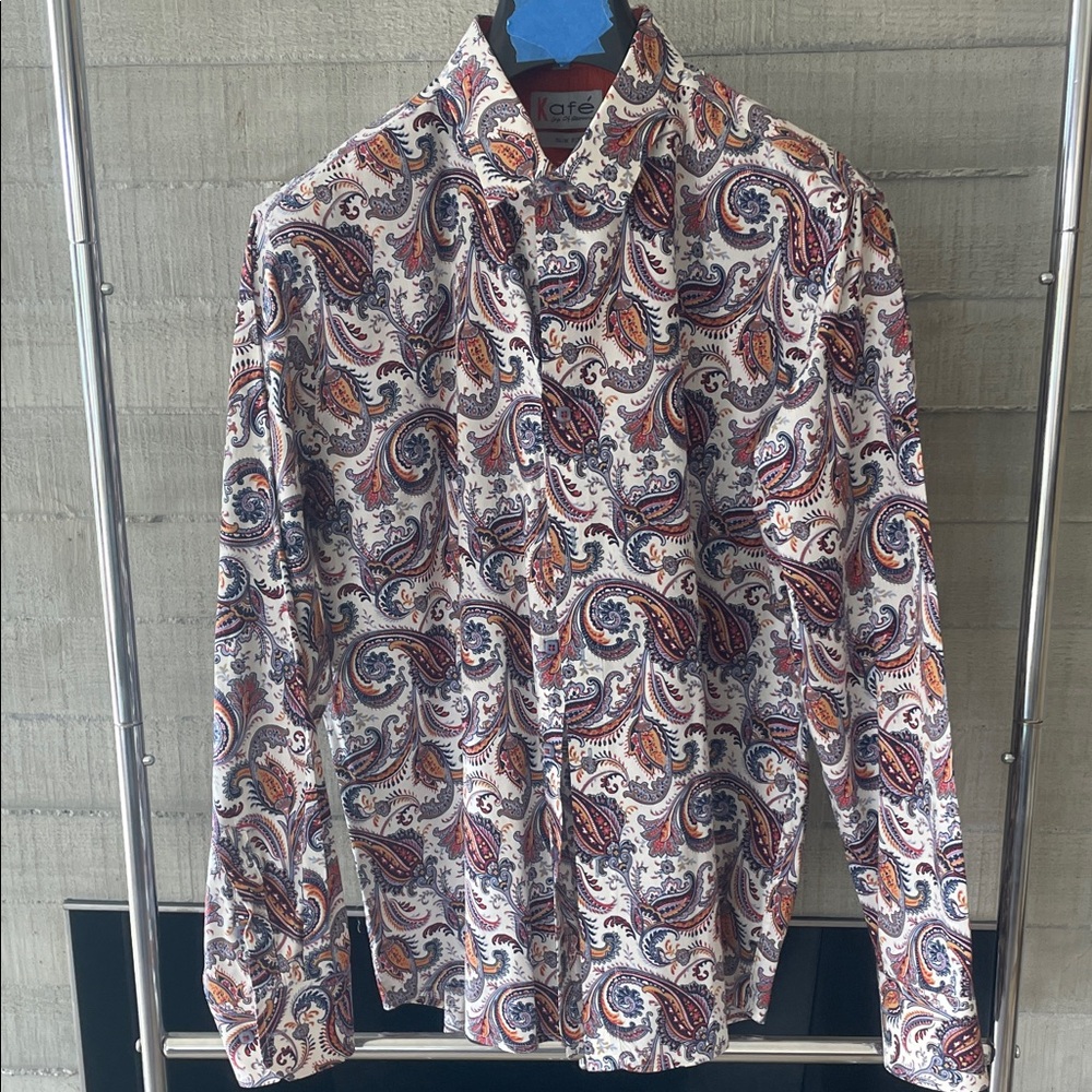 Vibrant Paisley Button-Up Shirt - White with Blue & Orange Pattern